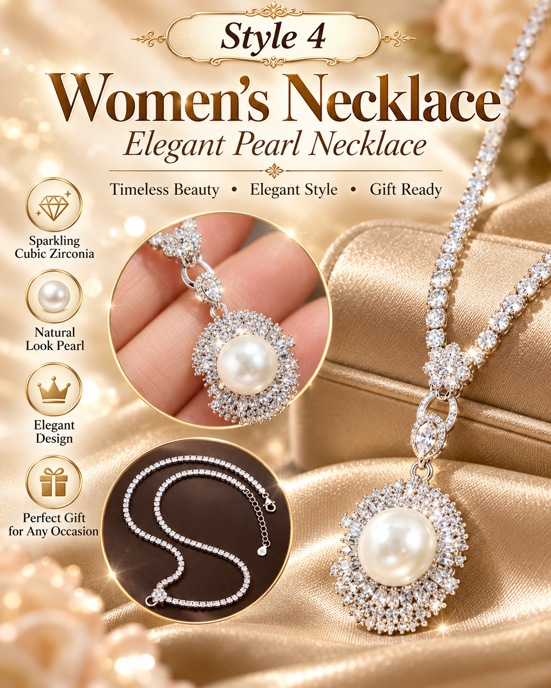 ⨠Elegant Faux Pearl Pendant Necklace for Women ā Sparkly Rhinestone Fashion Jewelry | Style 4