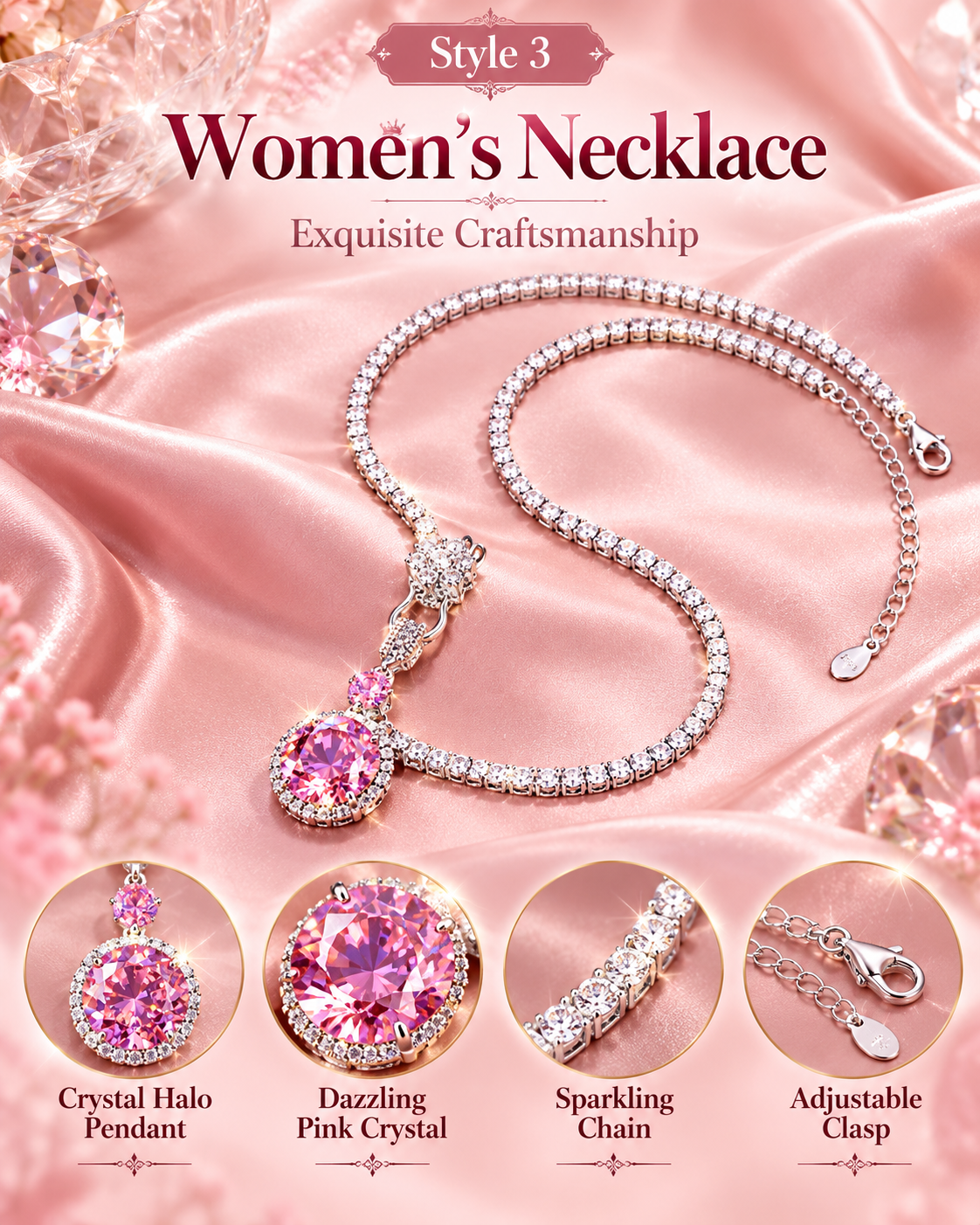 Style 3 Pink Crystal Pendant Necklace for Women – Elegant Sparkly Fashion Jewelry | Style 3·