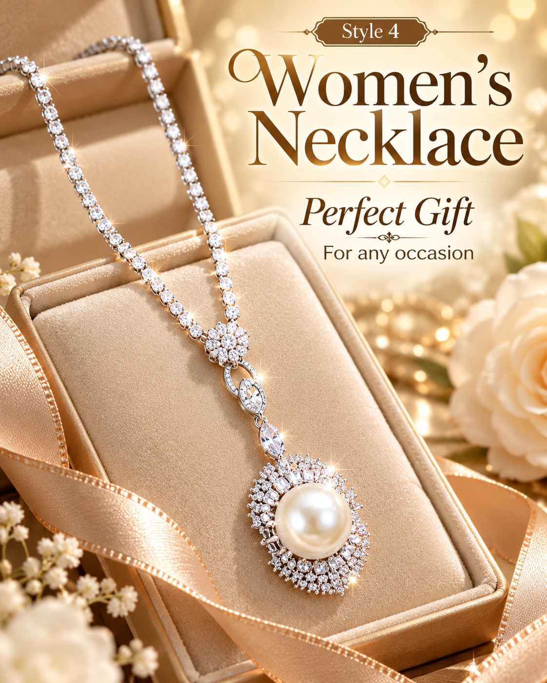 ⨠Elegant Faux Pearl Pendant Necklace for Women ā Sparkly Rhinestone Fashion Jewelry | Style 4