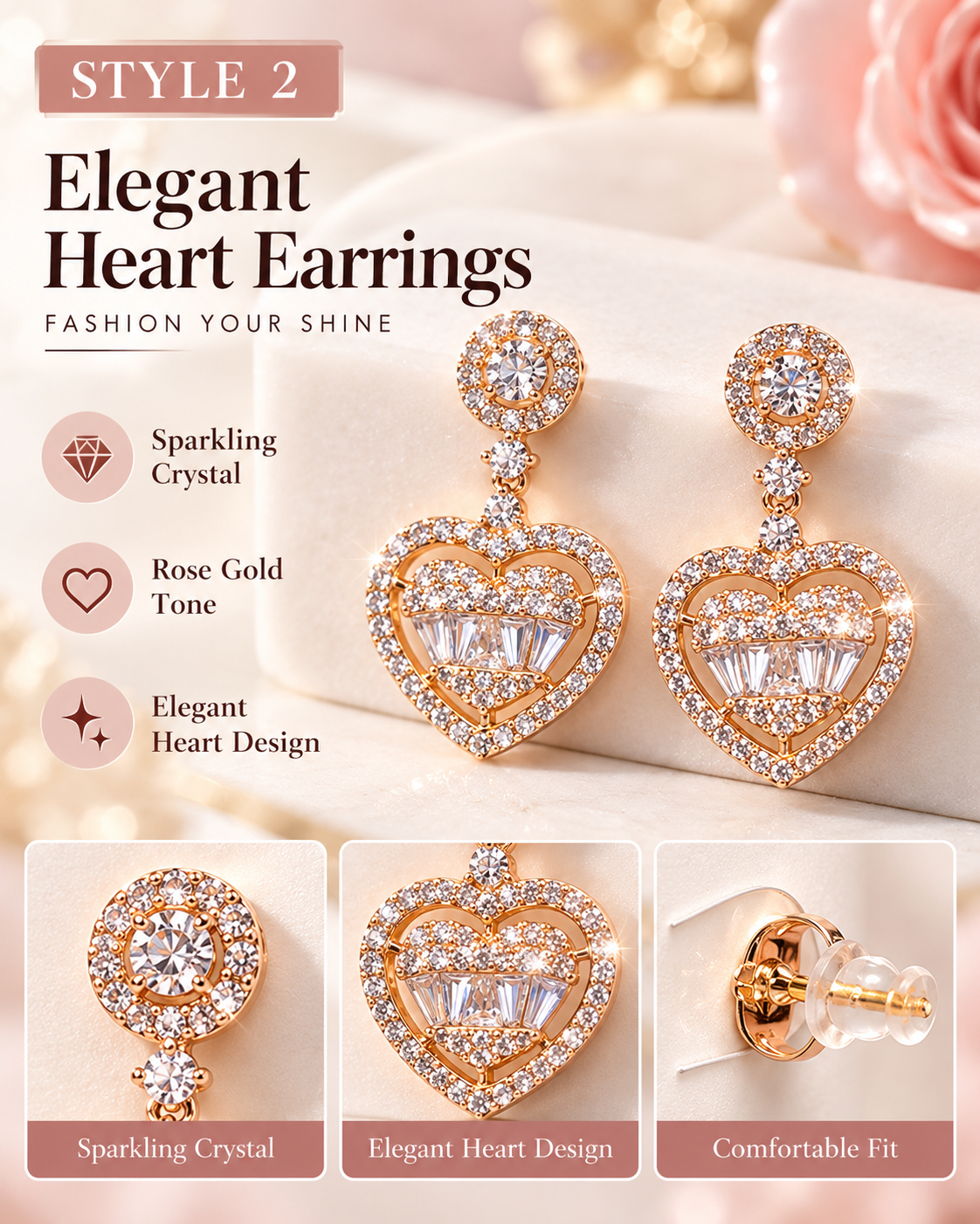 Style 2 – Elegant Rose Gold Heart Drop Earrings