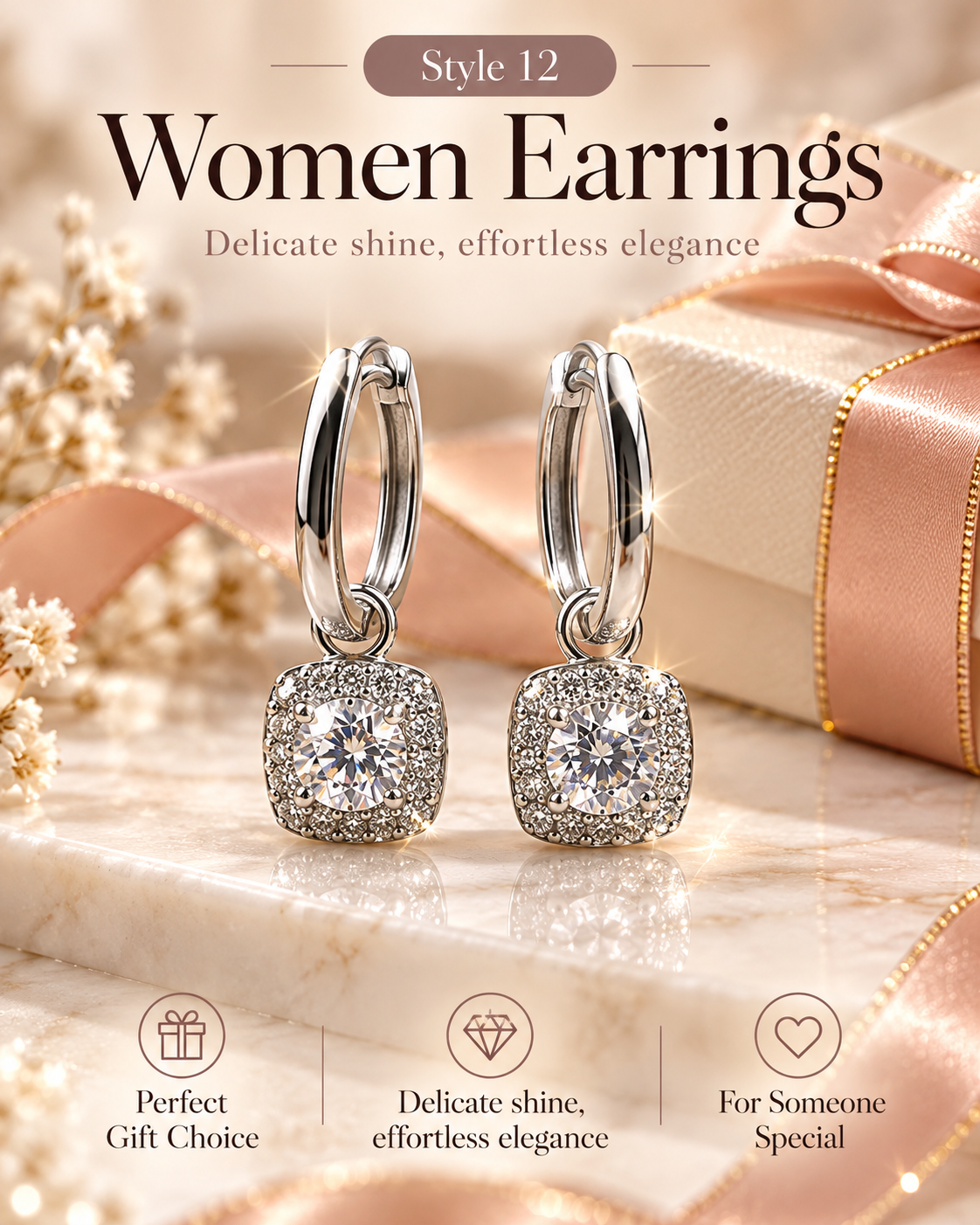 Style 12 – Elegant Silver Tone Sparkling Drop Hoop Earrings