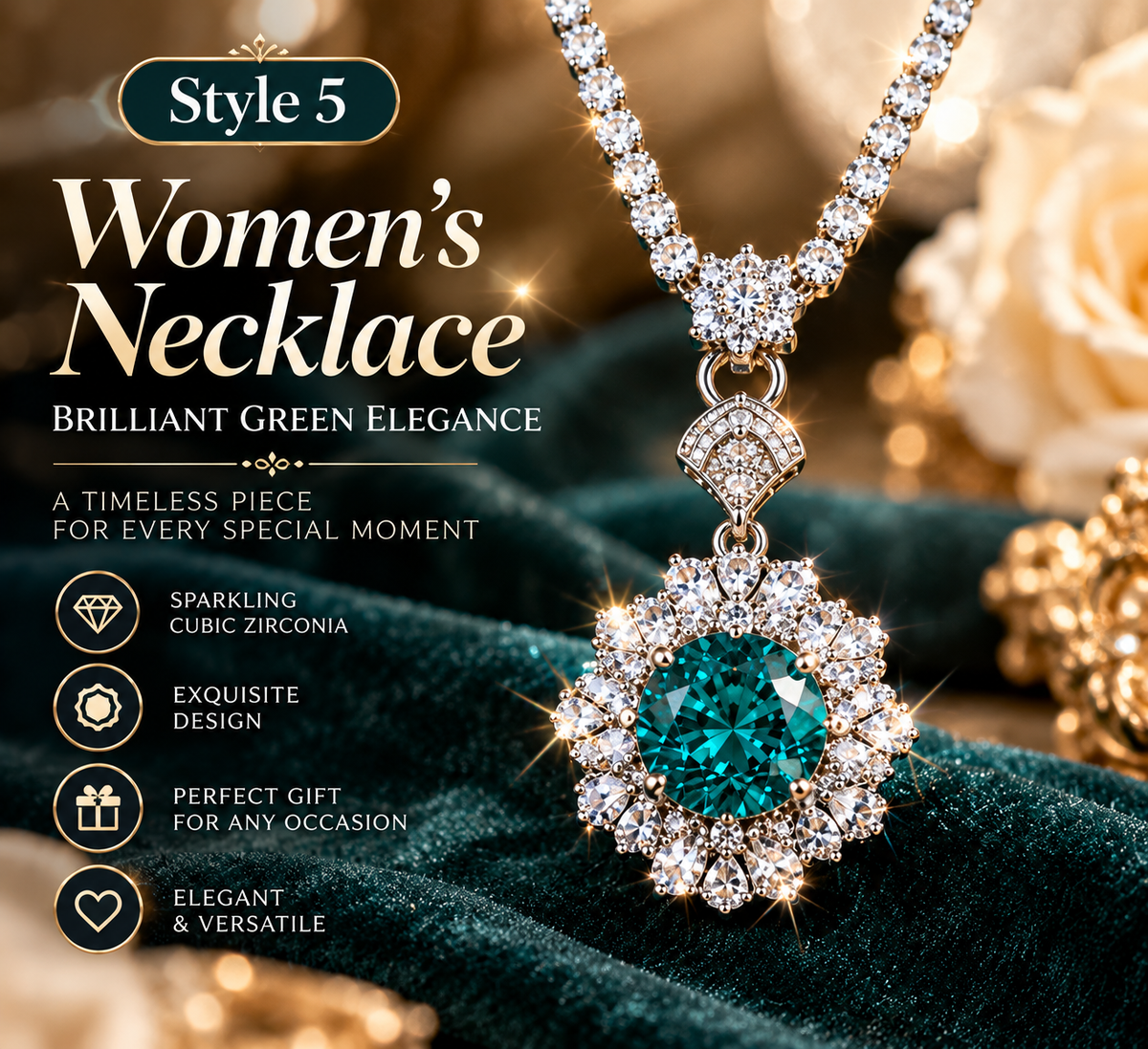 š Emerald Green Rhinestone Pendant Necklace for Women ā Elegant Sparkly Fashion Jewelry | Style 5