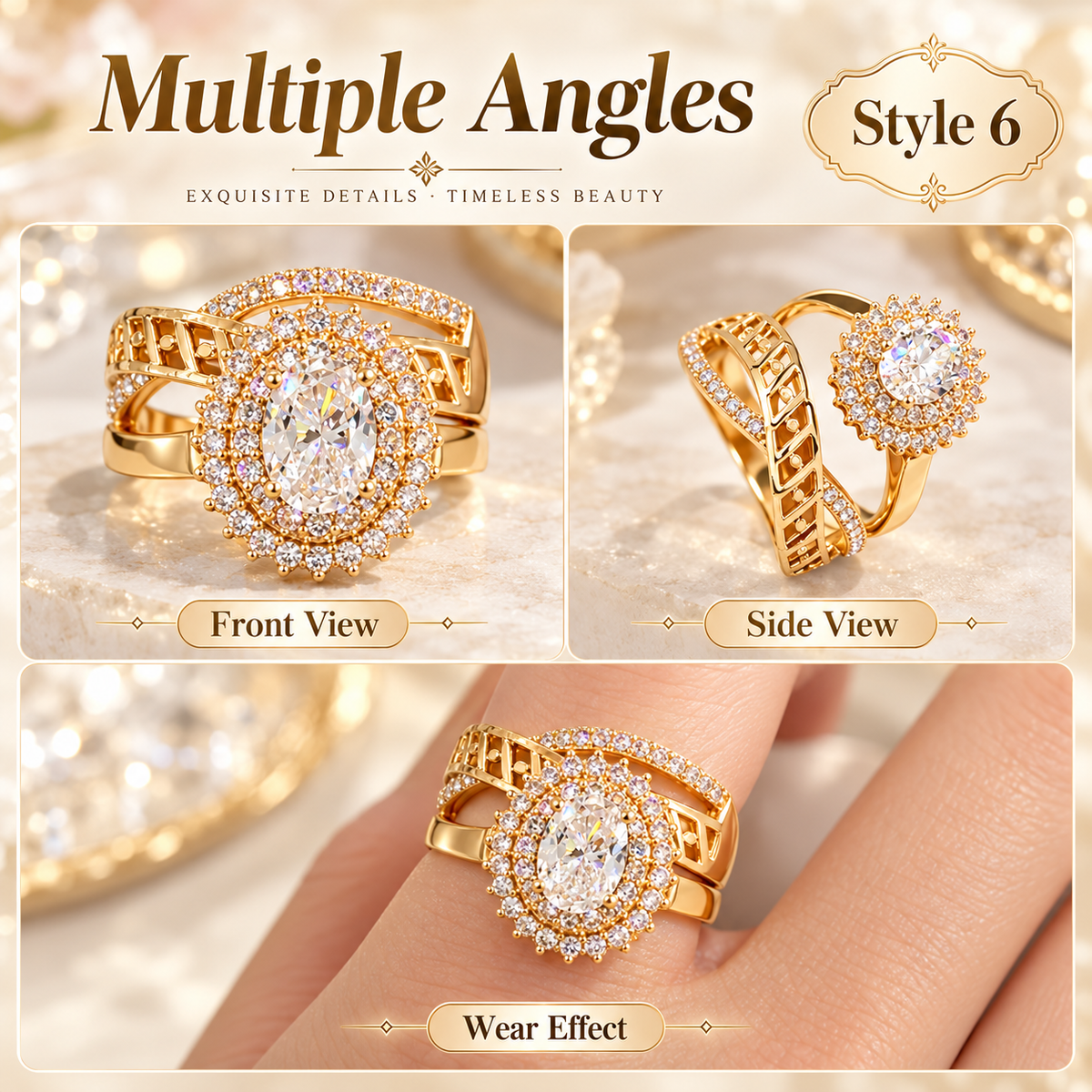 ⨠Style 6 ā Women's Elegant Gold-Tone Oval Crystal Statement Ring š Sparkling Rhinestone Halo Cocktail Ring š Luxury Multi-Layer Geometric Fashion Jewelry š Perfect Gift for Her