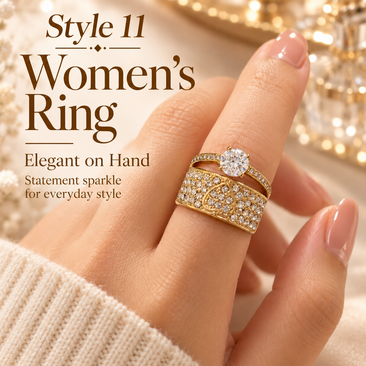 ✨ Style 11 – Women's Elegant Gold-Tone Round Crystal Ring 💍 Sparkling Heart Design Wide Band Ring 💎 Double-Layer Pavé Rhinestone Statement Jewelry 💖 Luxury Fashion Ring 🎁 Perfect Gift for Her