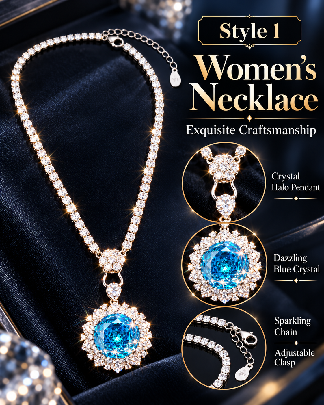 Style 01 Sparkling Blue Crystal Pendant Necklace for Women