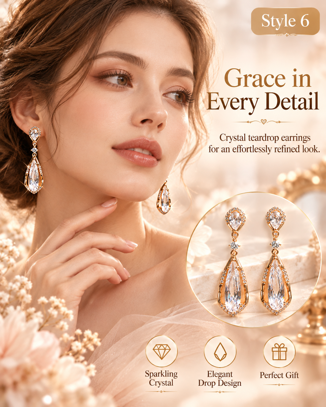 Style 6 – Elegant Gold Tone Crystal Teardrop Earrings
