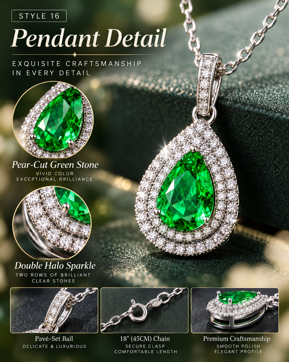 š Elegant Emerald Green Teardrop Pendant Necklace ā Style 16