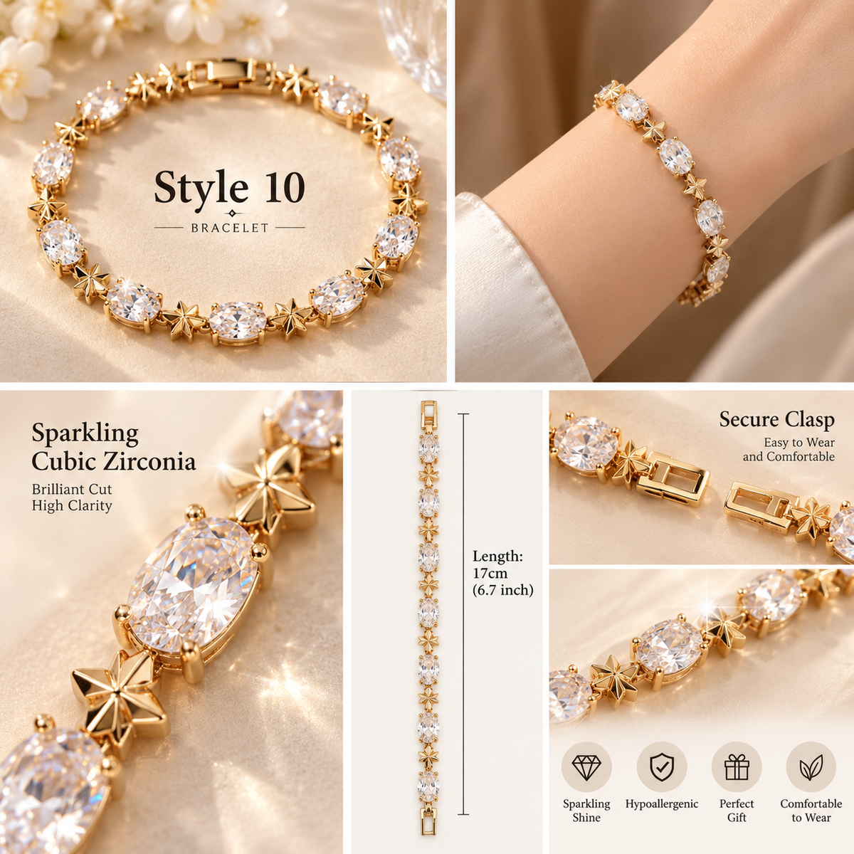 ⨠Style 10 ā Women's Elegant Gold-Tone Star & Oval Cubic Zirconia Bracelet ā Sparkling Crystal Tennis Bracelet š Luxury Fashion Jewelry š Gift for Her