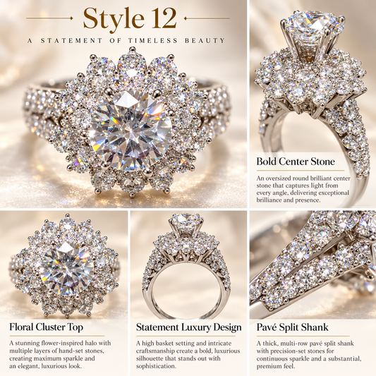✨ Style 12 – Women's Elegant Silver-Tone Round Crystal Statement Ring 💍 Sparkling Floral Cluster Halo Ring 💎 Multi-Layer Rhinestone Cocktail Ring 💖 Luxury Fashion Jewelry 🎁 Perfect Gift for Her