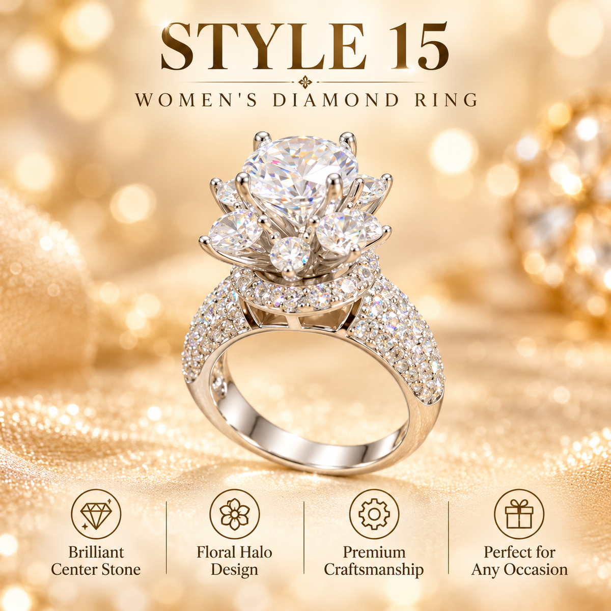 ✨ Style 15 – Women's Elegant Silver-Tone Floral Crystal Cluster Ring 💍 Sparkling Round Stone Flower Statement Ring 💎 Wide Pavé Rhinestone Band 💖 Luxury Fashion Jewelry 🎁 Perfect Gift for Her