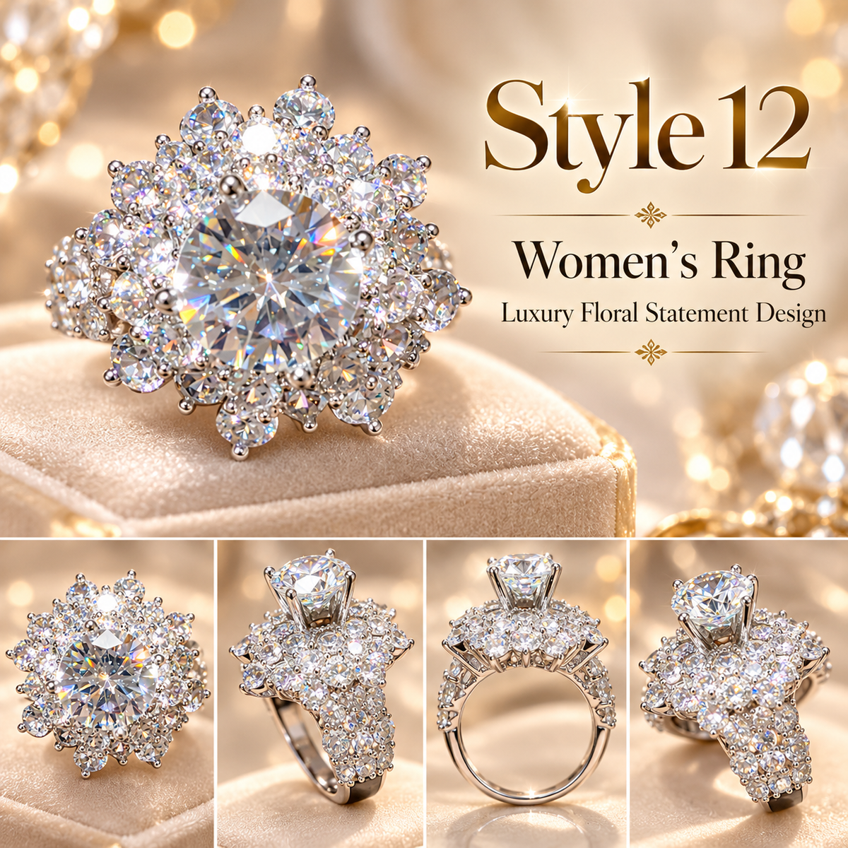 β¨ Style 12 β Women's Elegant Silver-Tone Round Crystal Statement Ring π Sparkling Floral Cluster Halo Ring π Multi-Layer Rhinestone Cocktail Ring π Luxury Fashion Jewelry π Perfect Gift for Her