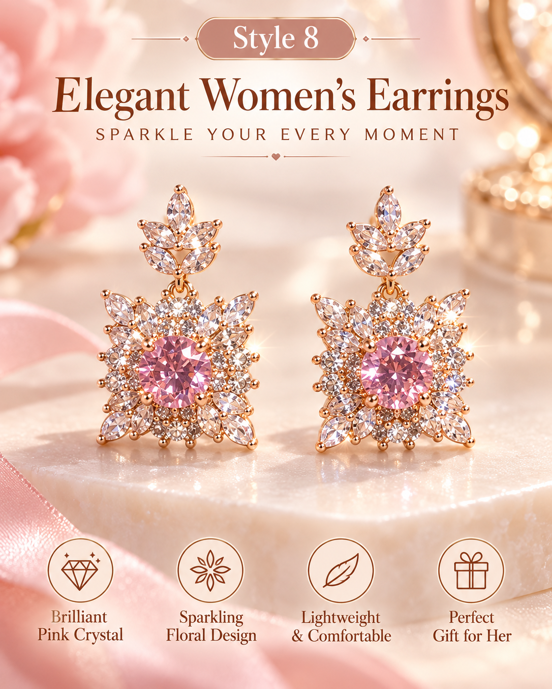 Style 8 – Elegant Pink Floral Crystal-Inspired Drop Earrings