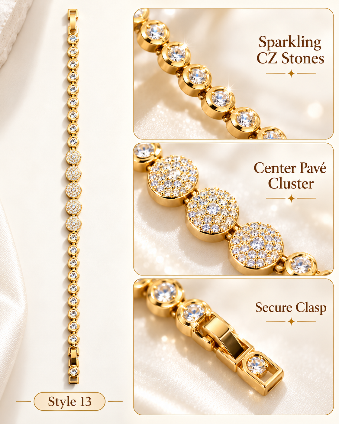 ✨ Style 13 – Women's Elegant Gold-Tone Crystal Bezel Tennis Bracelet 💎 Sparkling CZ Pavé Cluster Bracelet 💖 Luxury Fashion Jewelry 🎁 Perfect Gift for Her