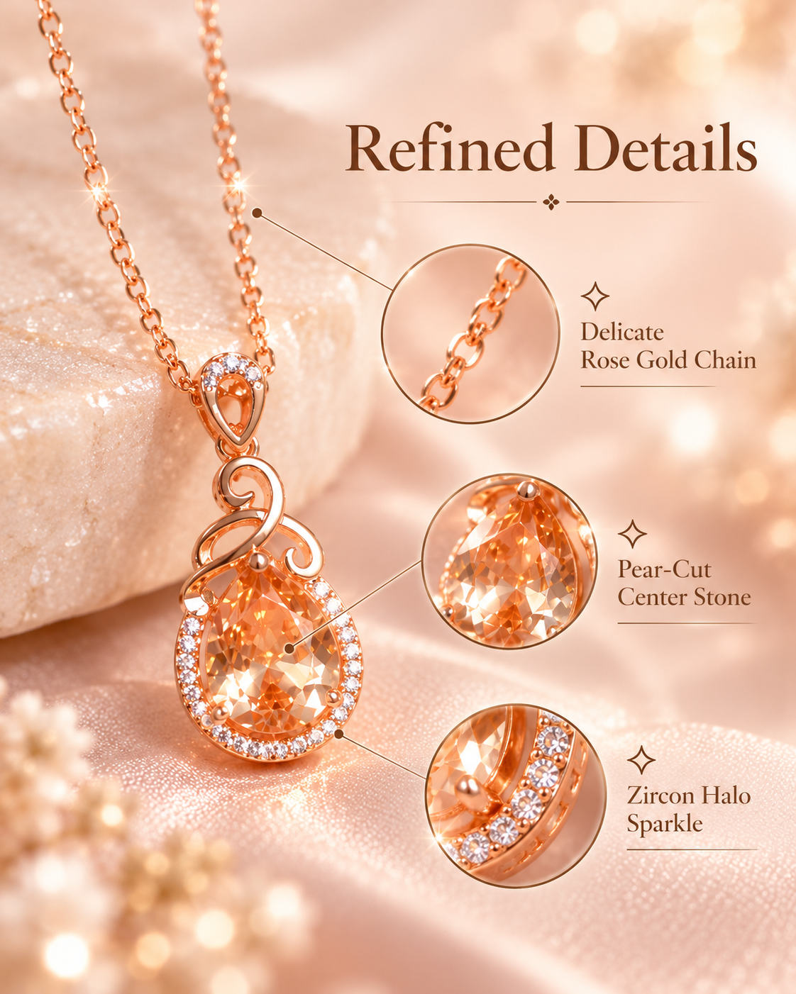 Style 31 – Elegant Rose Gold Tone Champagne Teardrop Pendant Necklace