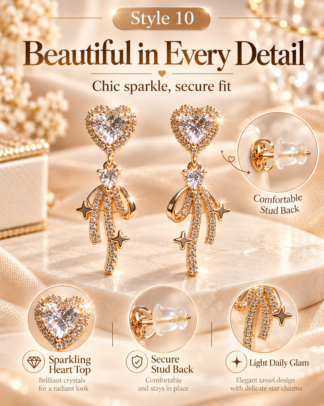 Style 10 – Elegant Gold Tone Heart Tassel Drop Earrings