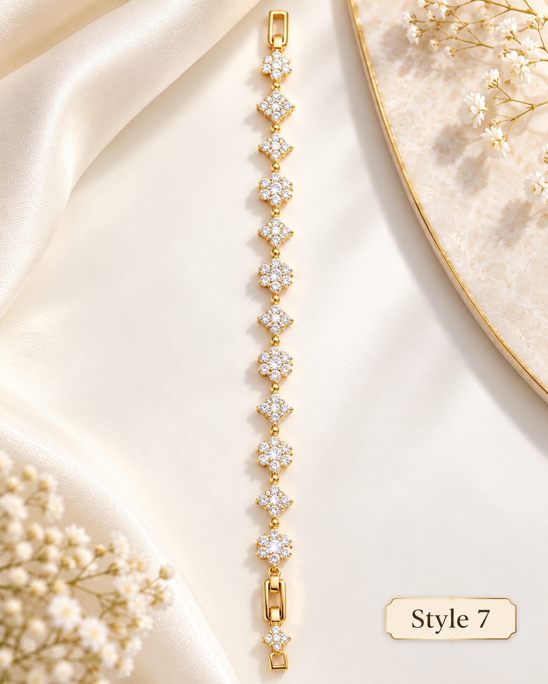 Style 7 – Elegant Gold Tone Flower & Geometric Link Bracelet