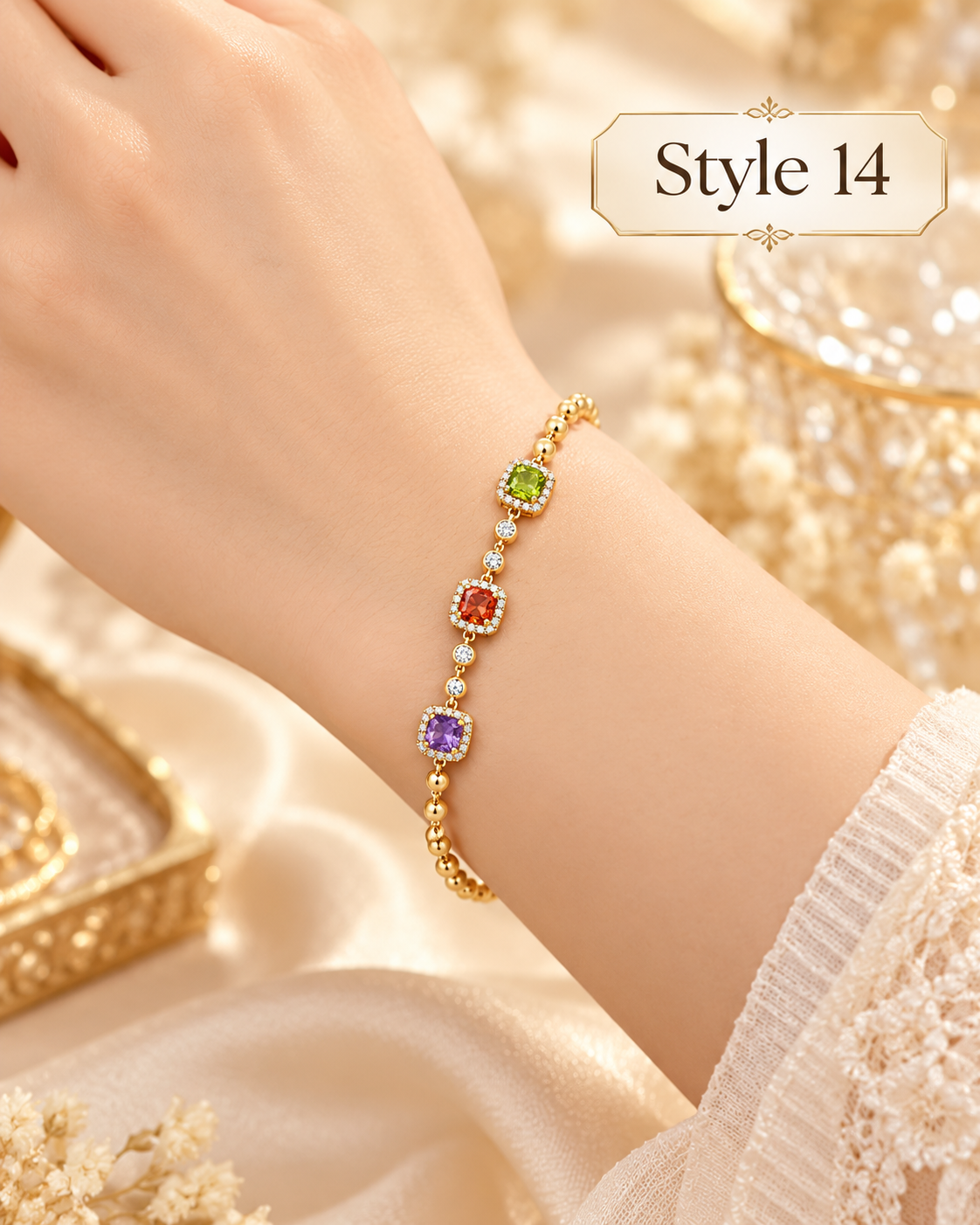 ⨠Style 14 ā Women's Elegant Gold-Tone Multicolor Crystal Bracelet š Sparkling Green, Orange & Purple Gemstone-Style Bracelet š Dainty Beaded Chain Jewelry š Perfect Gift for Her