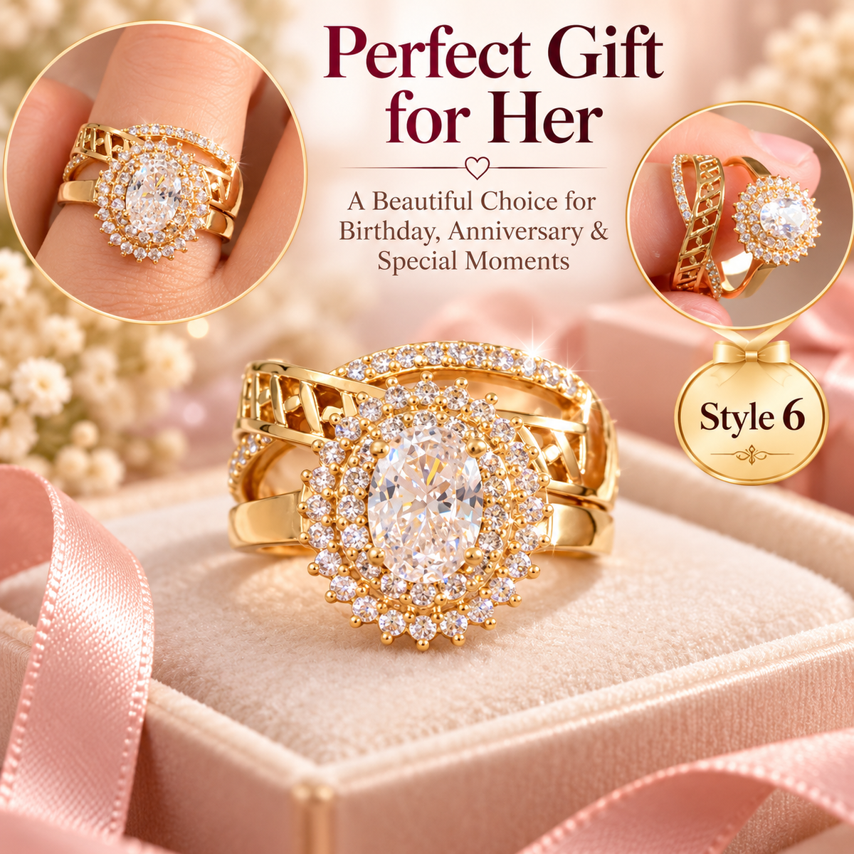 ⨠Style 6 ā Women's Elegant Gold-Tone Oval Crystal Statement Ring š Sparkling Rhinestone Halo Cocktail Ring š Luxury Multi-Layer Geometric Fashion Jewelry š Perfect Gift for Her