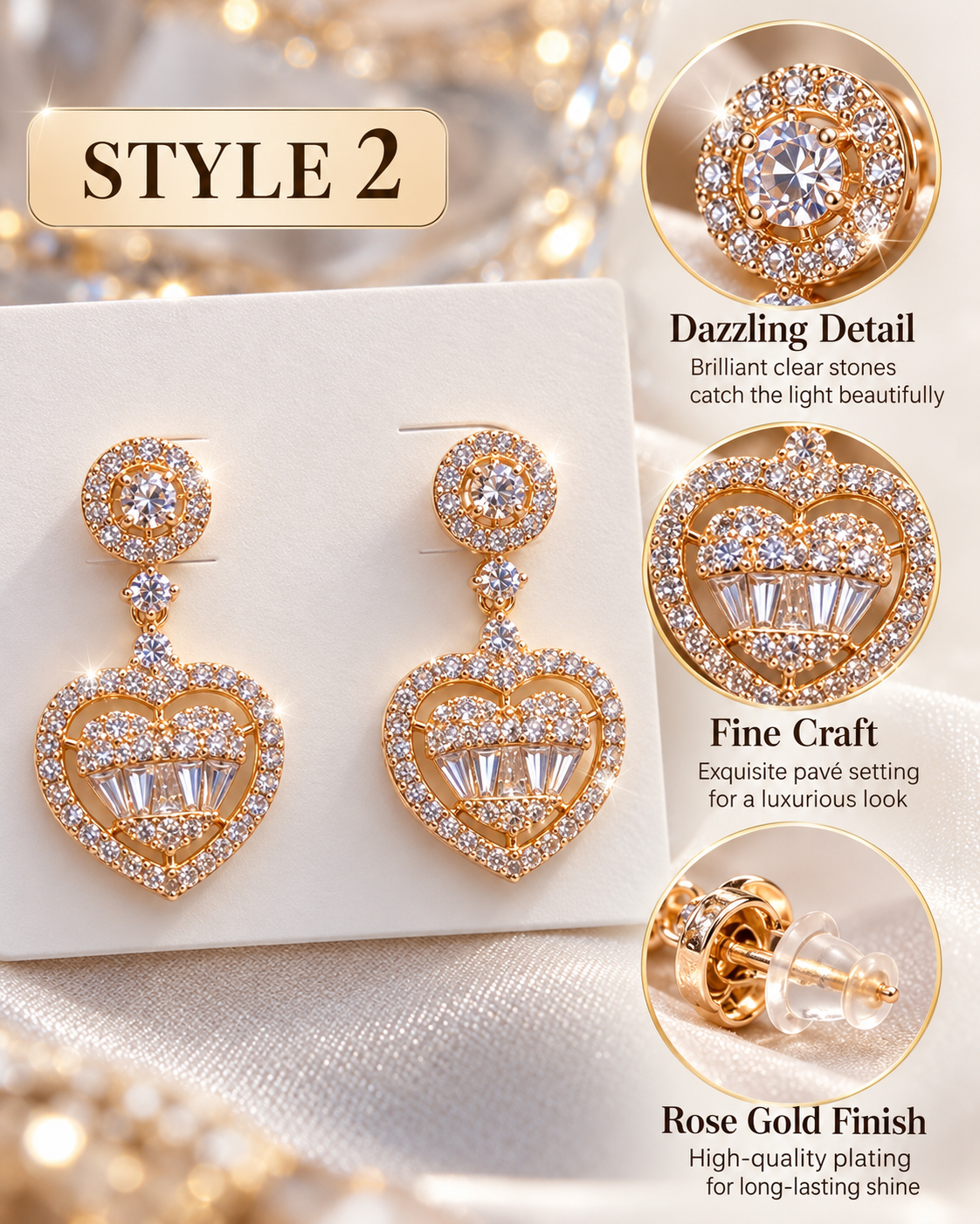 Style 2 – Elegant Rose Gold Heart Drop Earrings