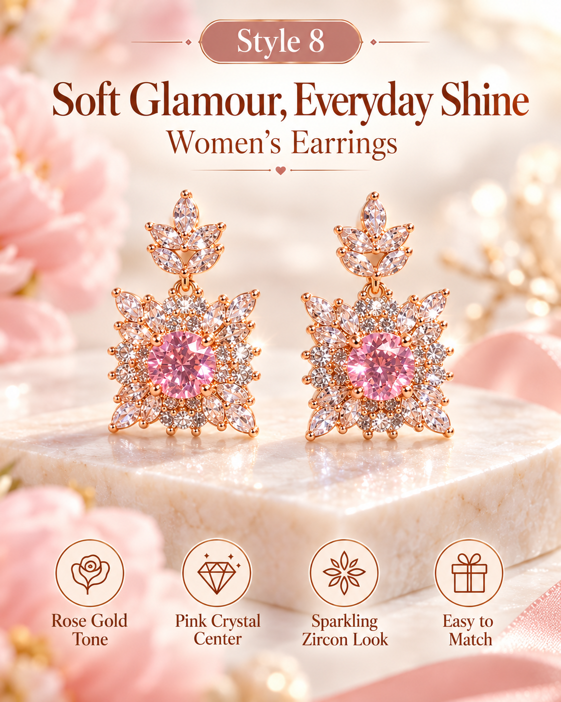 Style 8 – Elegant Pink Floral Crystal-Inspired Drop Earrings