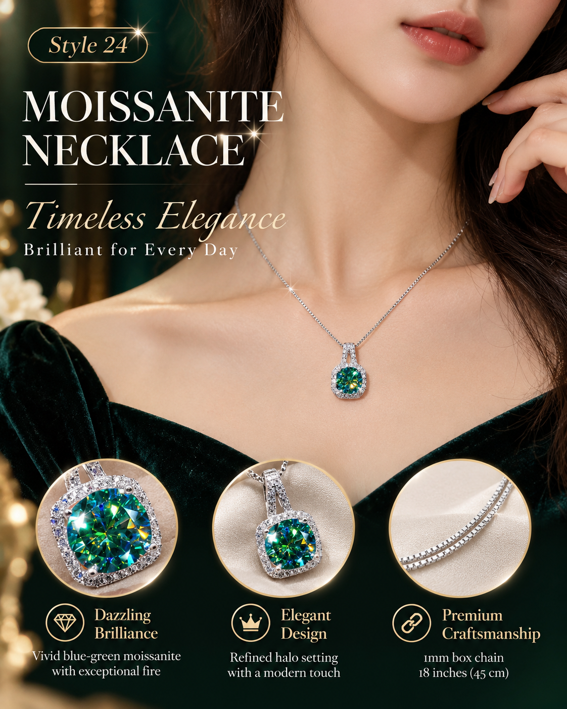 š Elegant Blue Green Cushion Halo Pendant Necklace ā Style 24