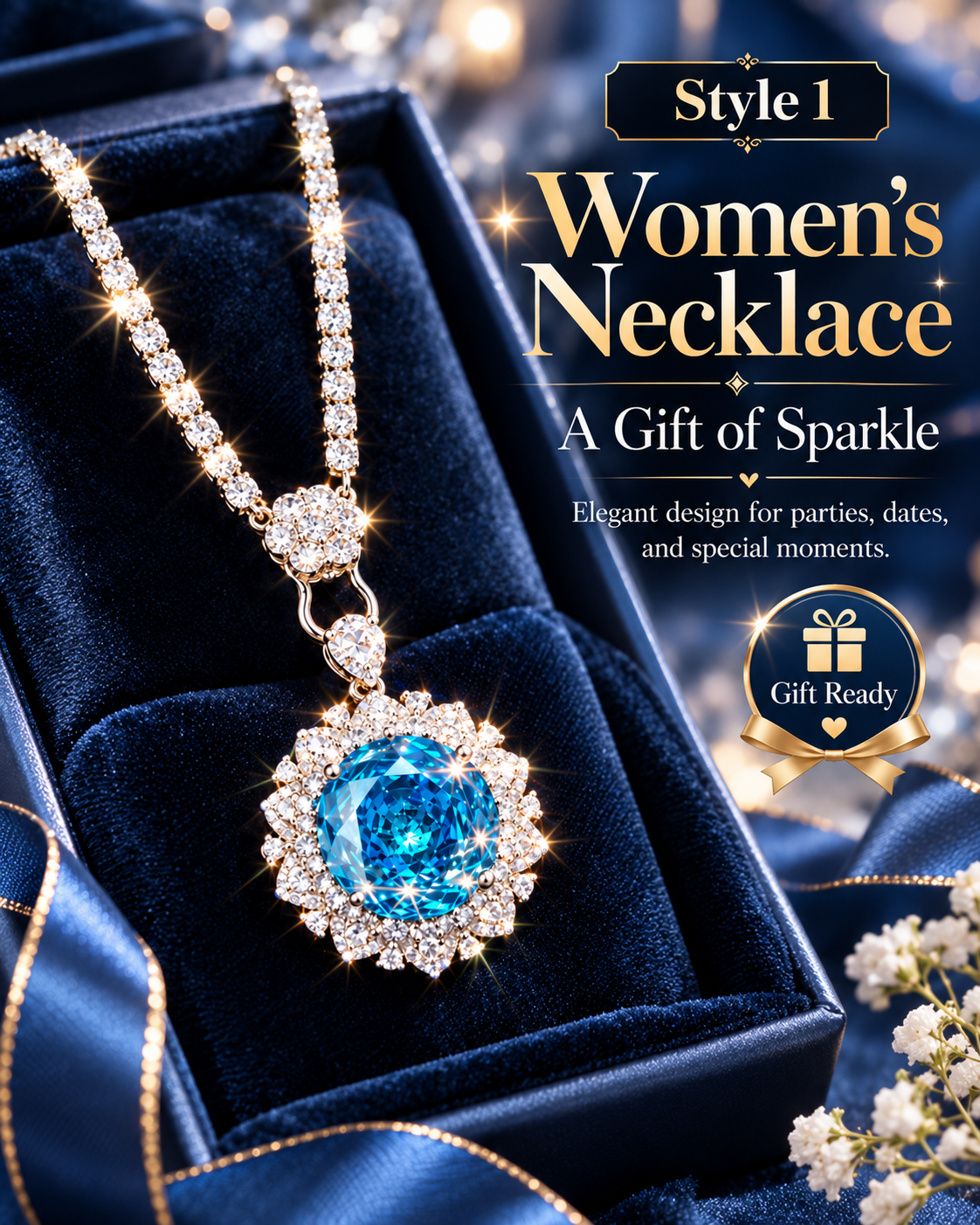Style 01 Sparkling Blue Crystal Pendant Necklace for Women