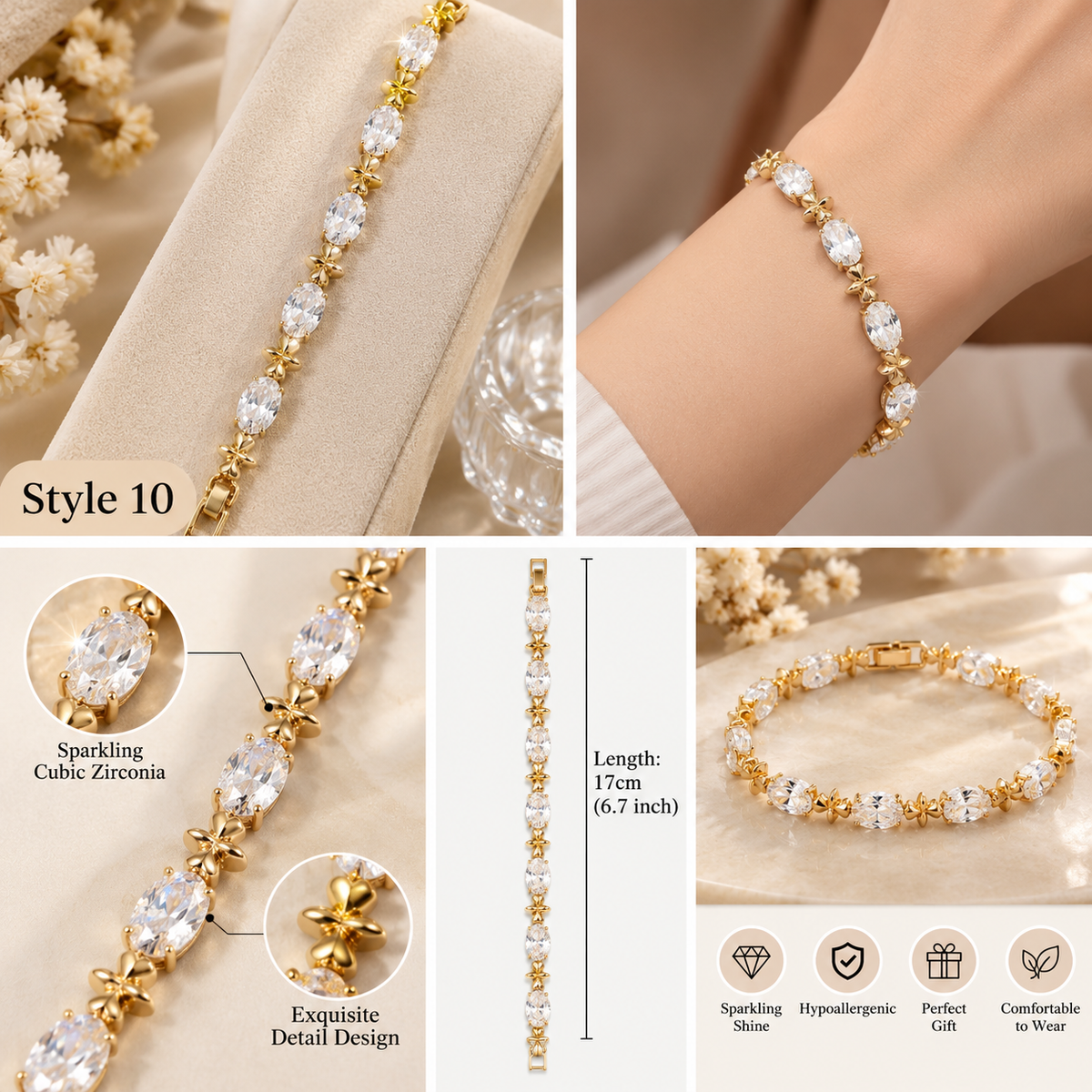⨠Style 10 ā Women's Elegant Gold-Tone Star & Oval Cubic Zirconia Bracelet ā Sparkling Crystal Tennis Bracelet š Luxury Fashion Jewelry š Gift for Her