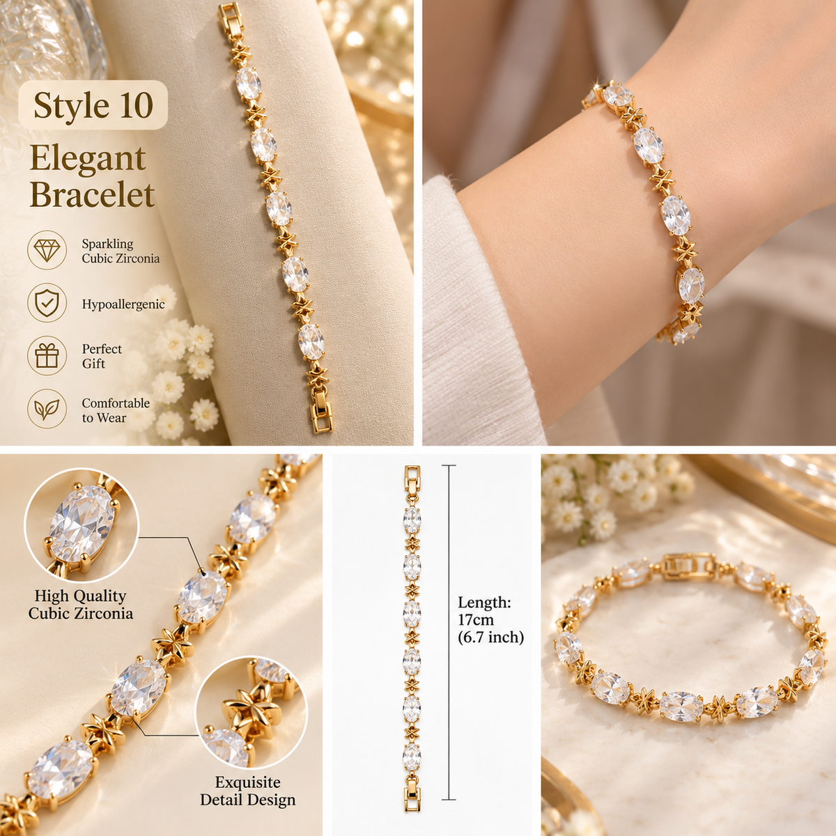 ⨠Style 10 ā Women's Elegant Gold-Tone Star & Oval Cubic Zirconia Bracelet ā Sparkling Crystal Tennis Bracelet š Luxury Fashion Jewelry š Gift for Her