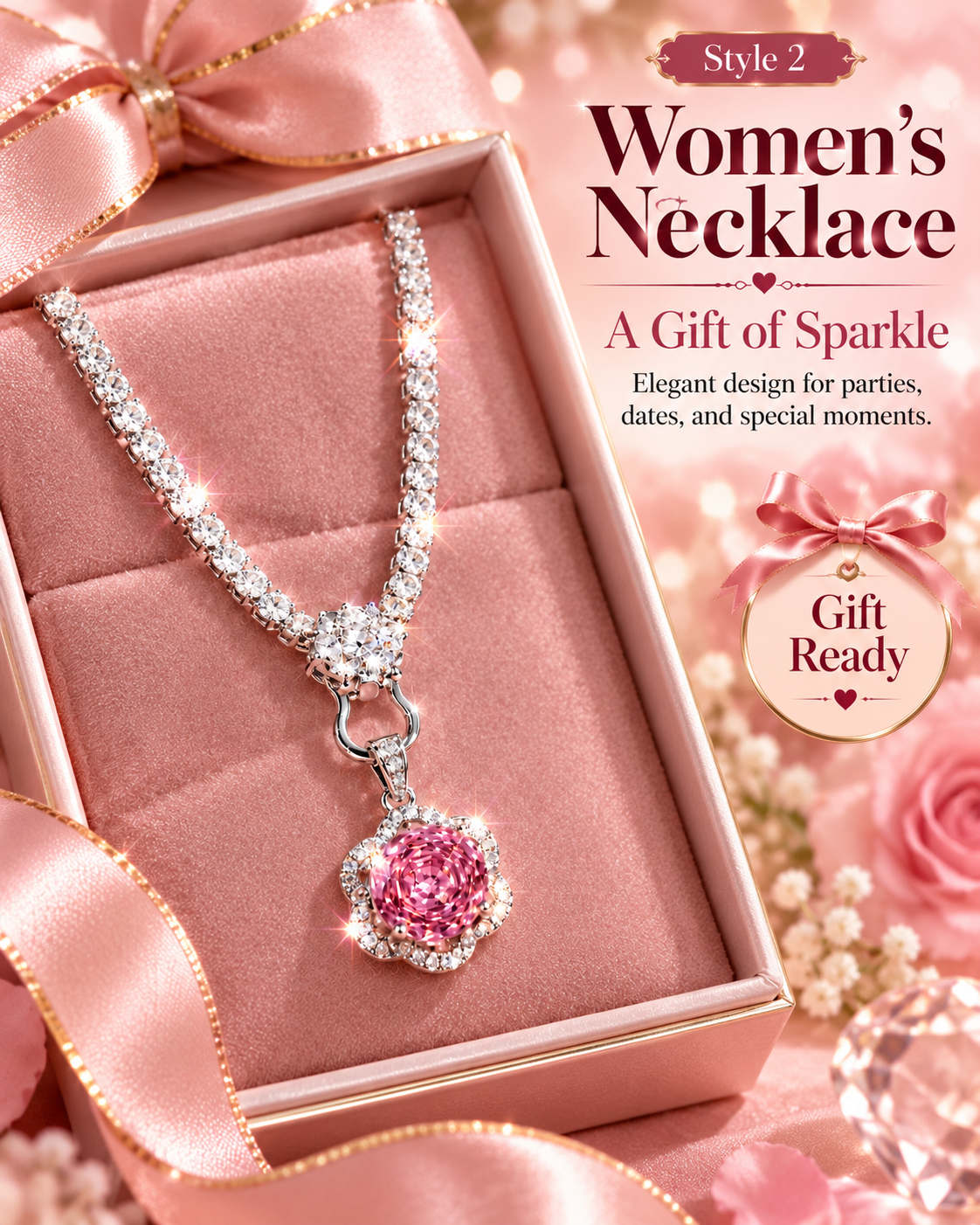 Women's Pink Crystal Pendant Necklace ā Style 2