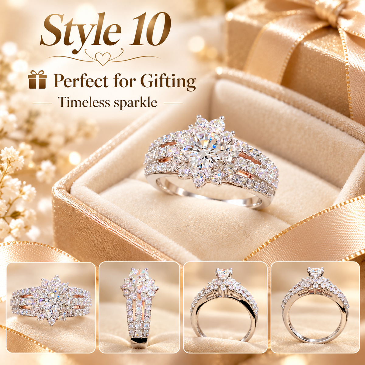 β¨ Style 10 β Women's Elegant Silver-Tone Round Crystal Flower Ring π Sparkling Floral Cluster Halo Ring π Triple Row PavΓ© Band Statement Jewelry π Luxury Fashion Ring π Perfect Gift for Her