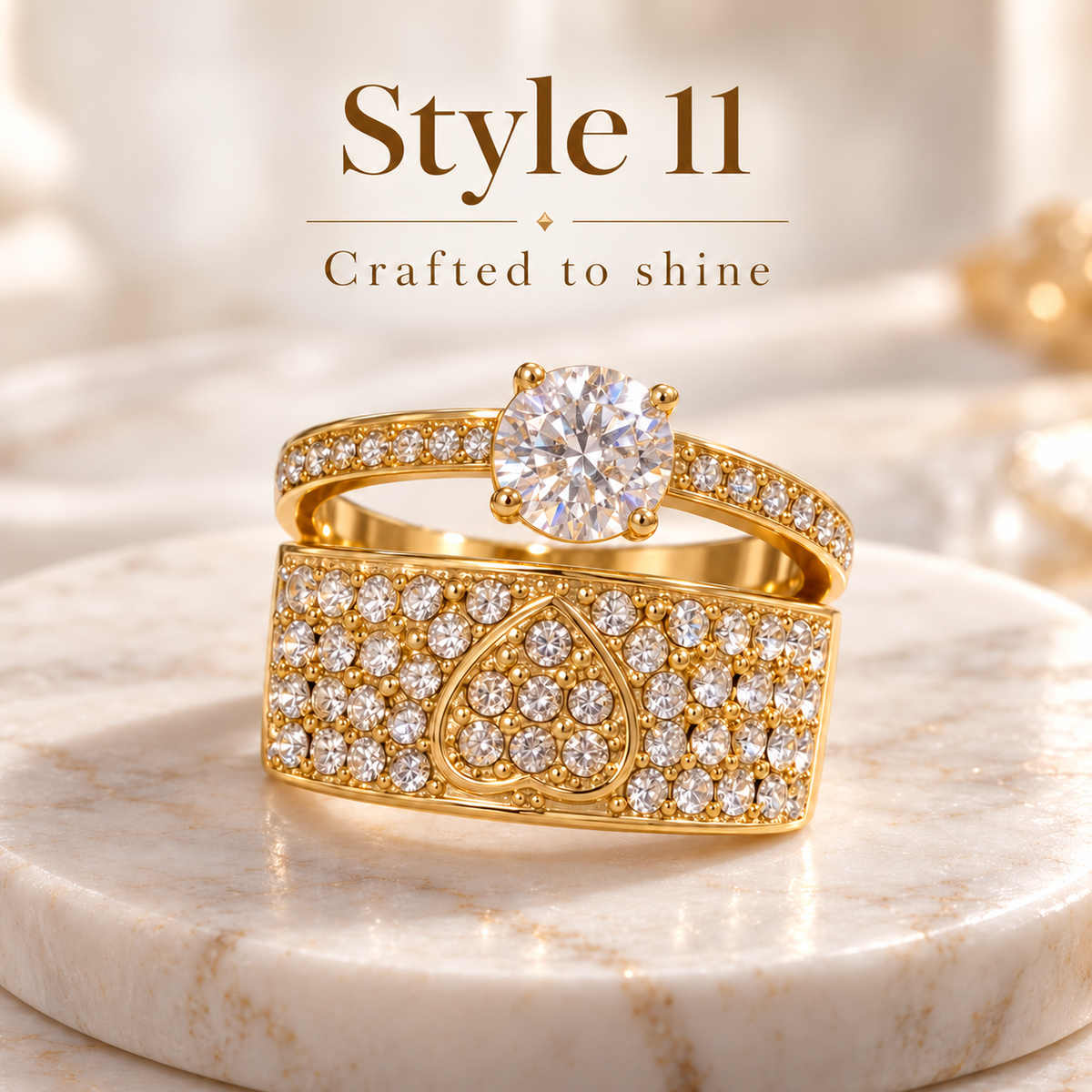 ✨ Style 11 – Women's Elegant Gold-Tone Round Crystal Ring 💍 Sparkling Heart Design Wide Band Ring 💎 Double-Layer Pavé Rhinestone Statement Jewelry 💖 Luxury Fashion Ring 🎁 Perfect Gift for Her