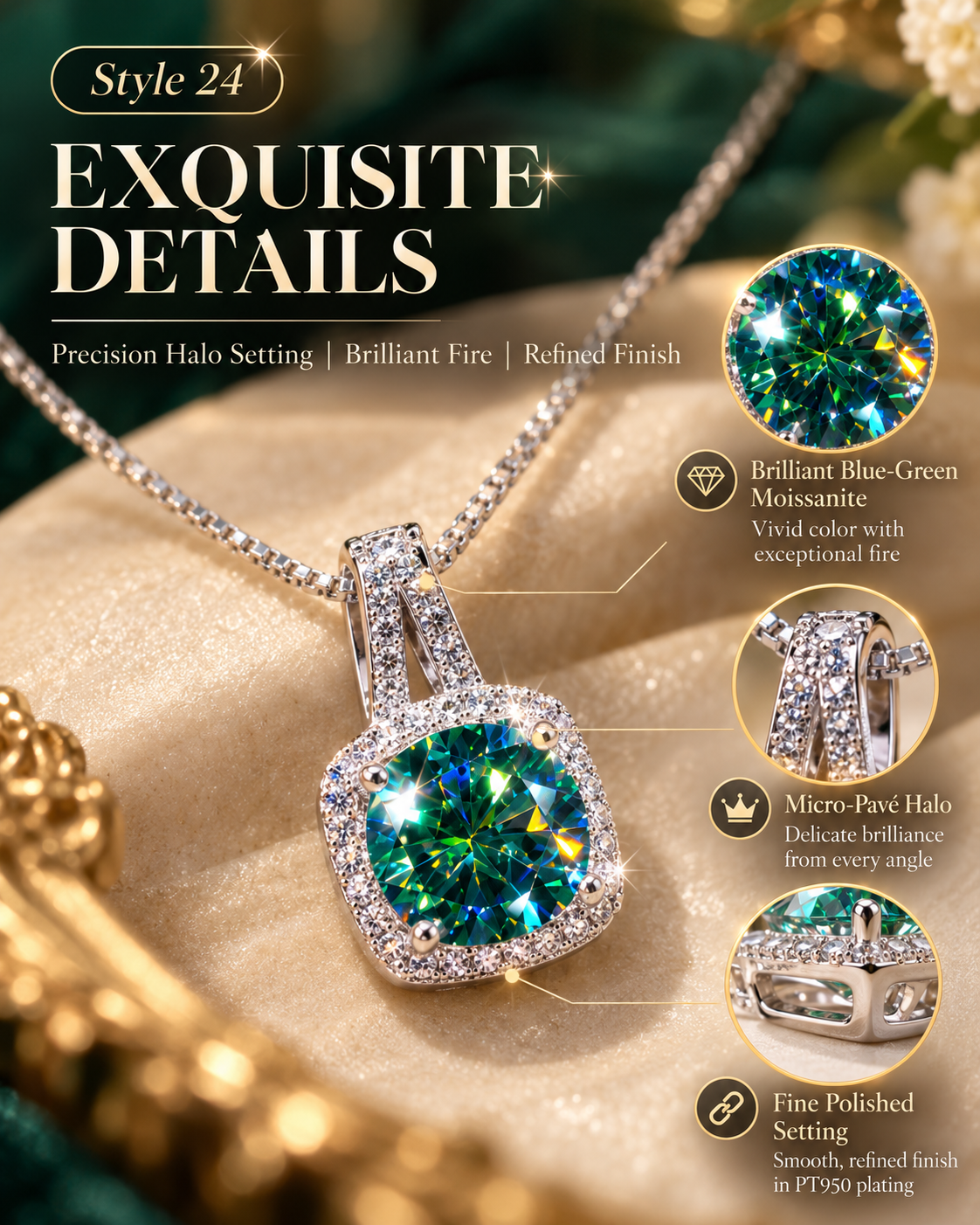š Elegant Blue Green Cushion Halo Pendant Necklace ā Style 24
