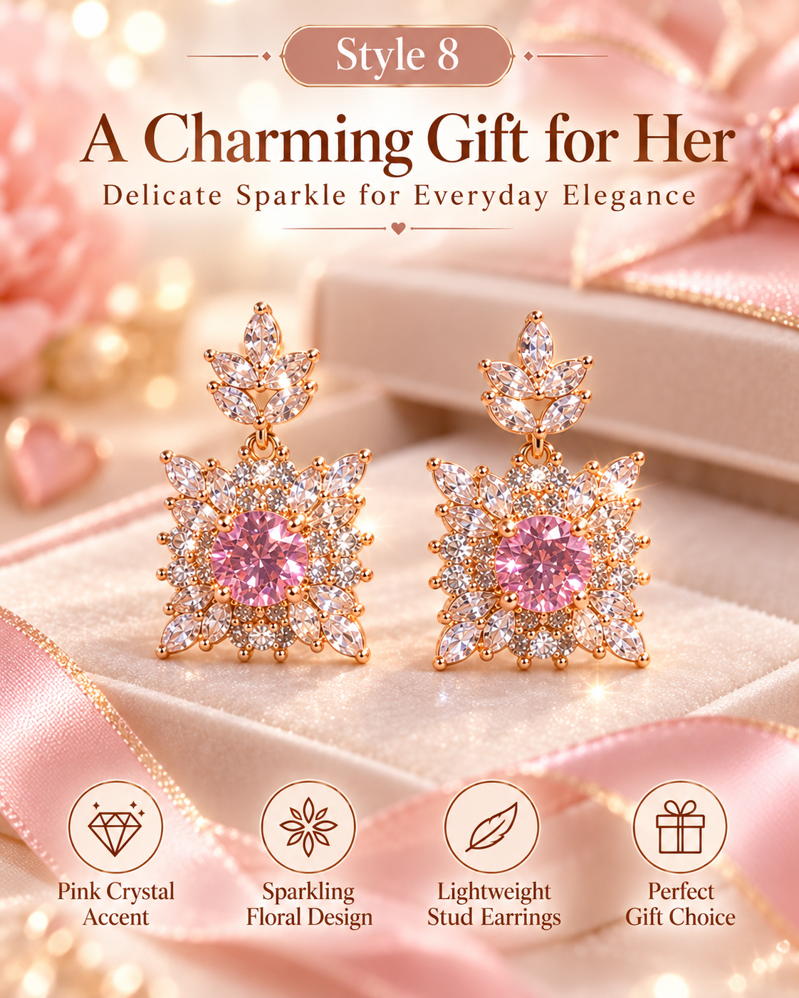 Style 8 – Elegant Pink Floral Crystal-Inspired Drop Earrings