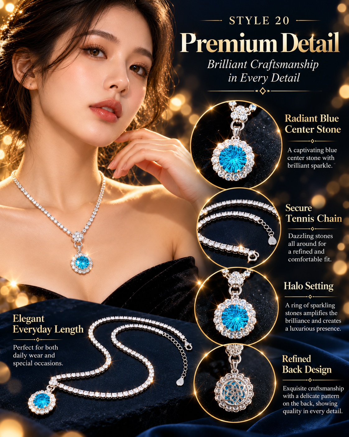 💙 Elegant Ocean Blue Floral Halo Pendant Necklace – Style 20