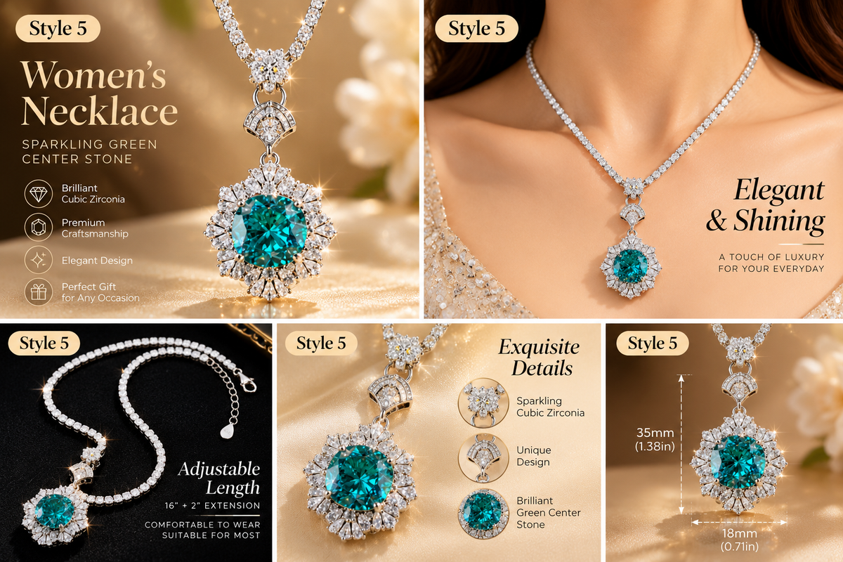 💚 Emerald Green Rhinestone Pendant Necklace for Women – Elegant Sparkly Fashion Jewelry | Style 5