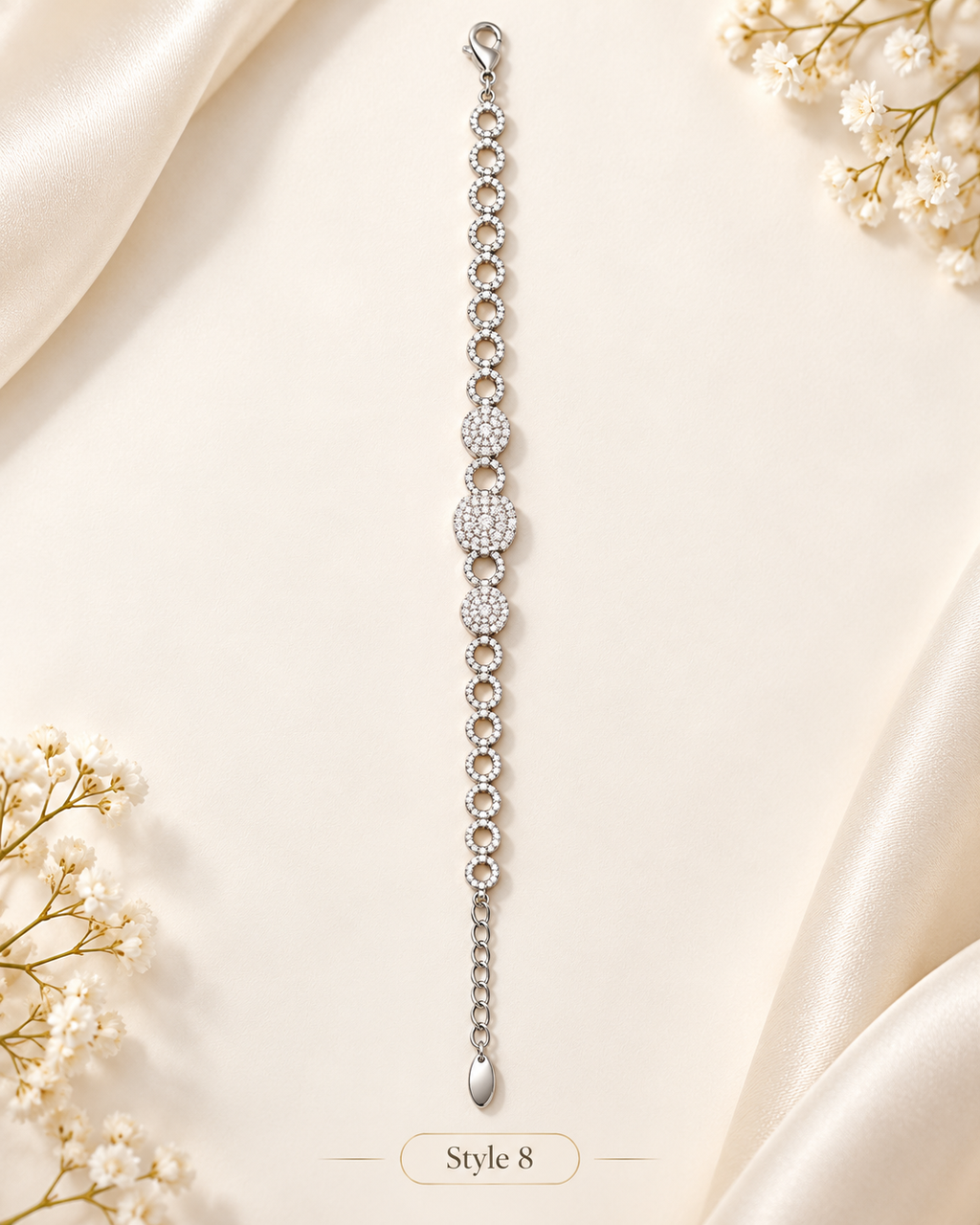 Style 8 – Women's Elegant Silver-Tone Crystal Circle Link Bracelet, Sparkling Rhinestone Adjustable Bracelet, Fashion Jewelry Gift for Her