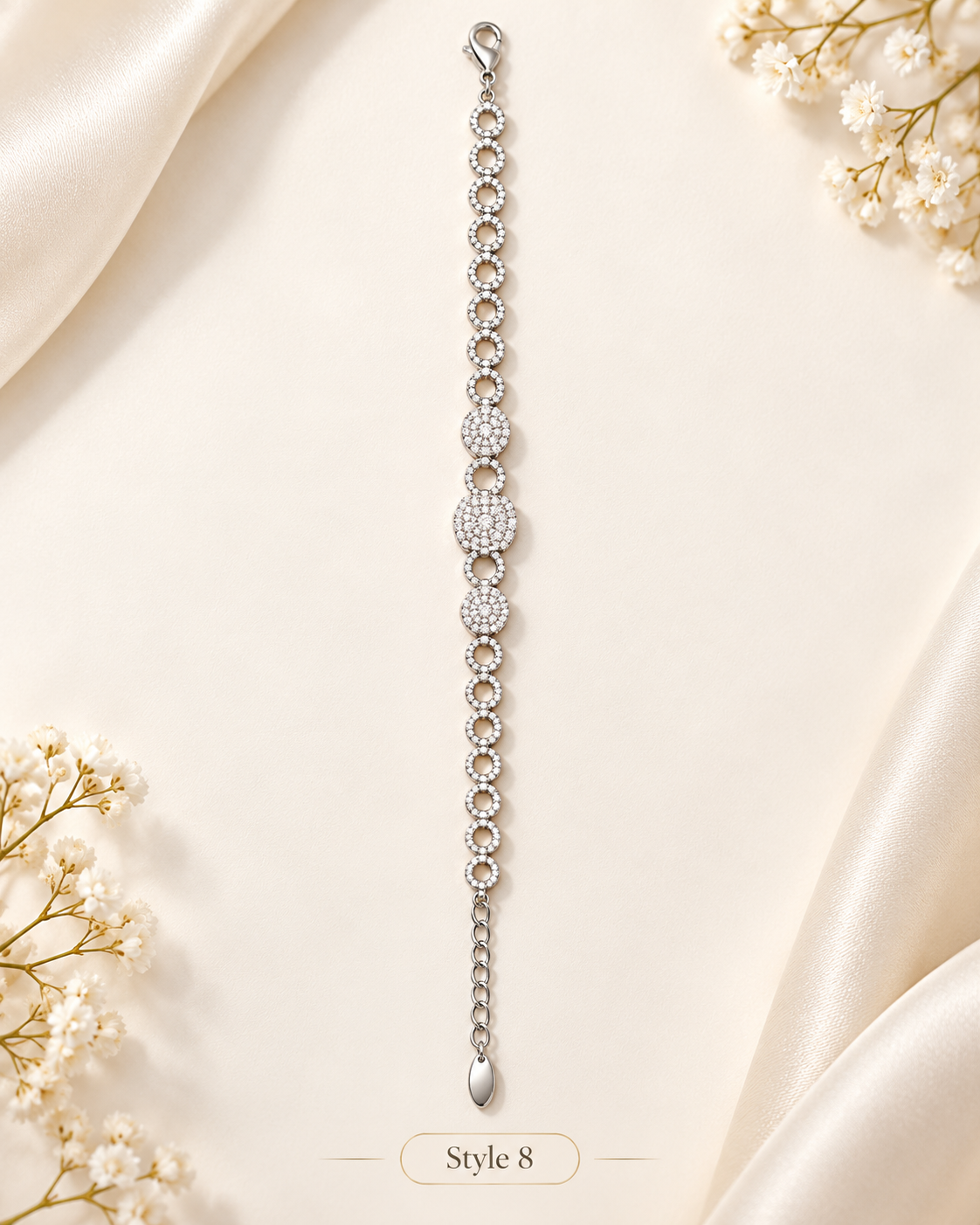 Style 8 – Women's Elegant Silver-Tone Crystal Circle Link Bracelet, Sparkling Rhinestone Adjustable Bracelet, Fashion Jewelry Gift for Her