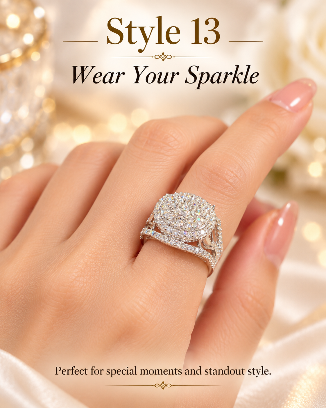 ✨ Style 13 – Women's Elegant Silver-Tone Round Crystal Cluster Ring 💍 Sparkling Pavé Halo Statement Ring 💎 Wide Split Shank Rhinestone Cocktail Ring 💖 Luxury Fashion Jewelry 🎁 Perfect Gift for Her