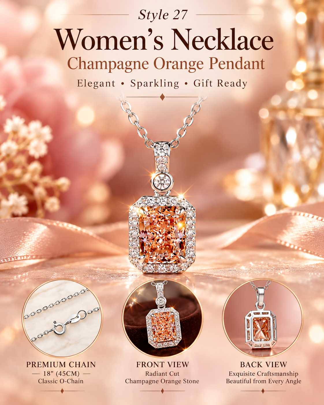 Style 27 – Elegant Champagne Orange Halo Pendant Necklace