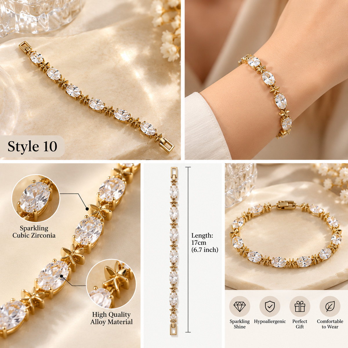 ✨ Style 10 – Women's Elegant Gold-Tone Star & Oval Cubic Zirconia Bracelet ⭐ Sparkling Crystal Tennis Bracelet 💖 Luxury Fashion Jewelry 🎁 Gift for Her