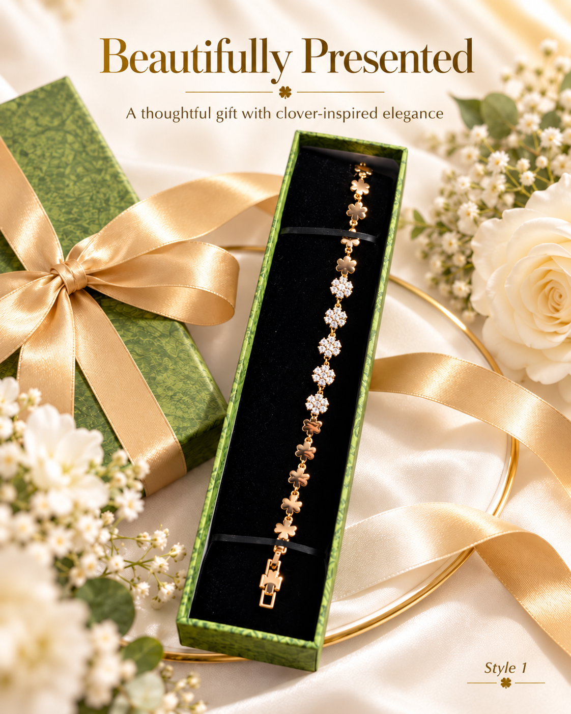 Gold-Tone Clover & Floral Sparkle Bracelet