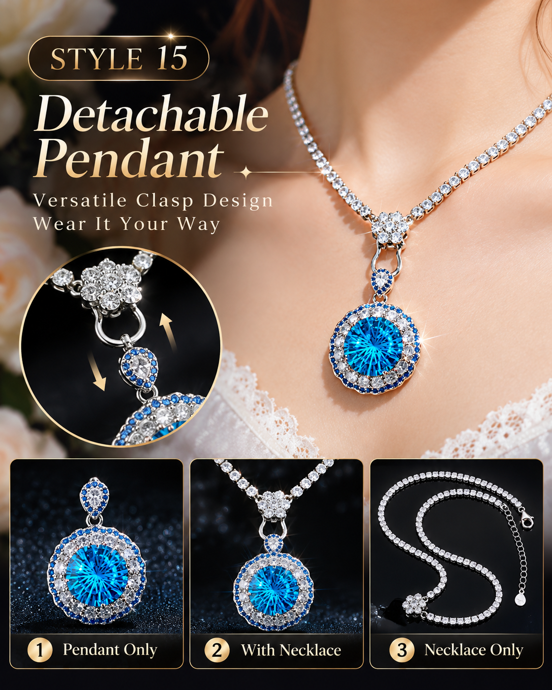💙 Elegant Ocean Blue Detachable Pendant Necklace – Style 15