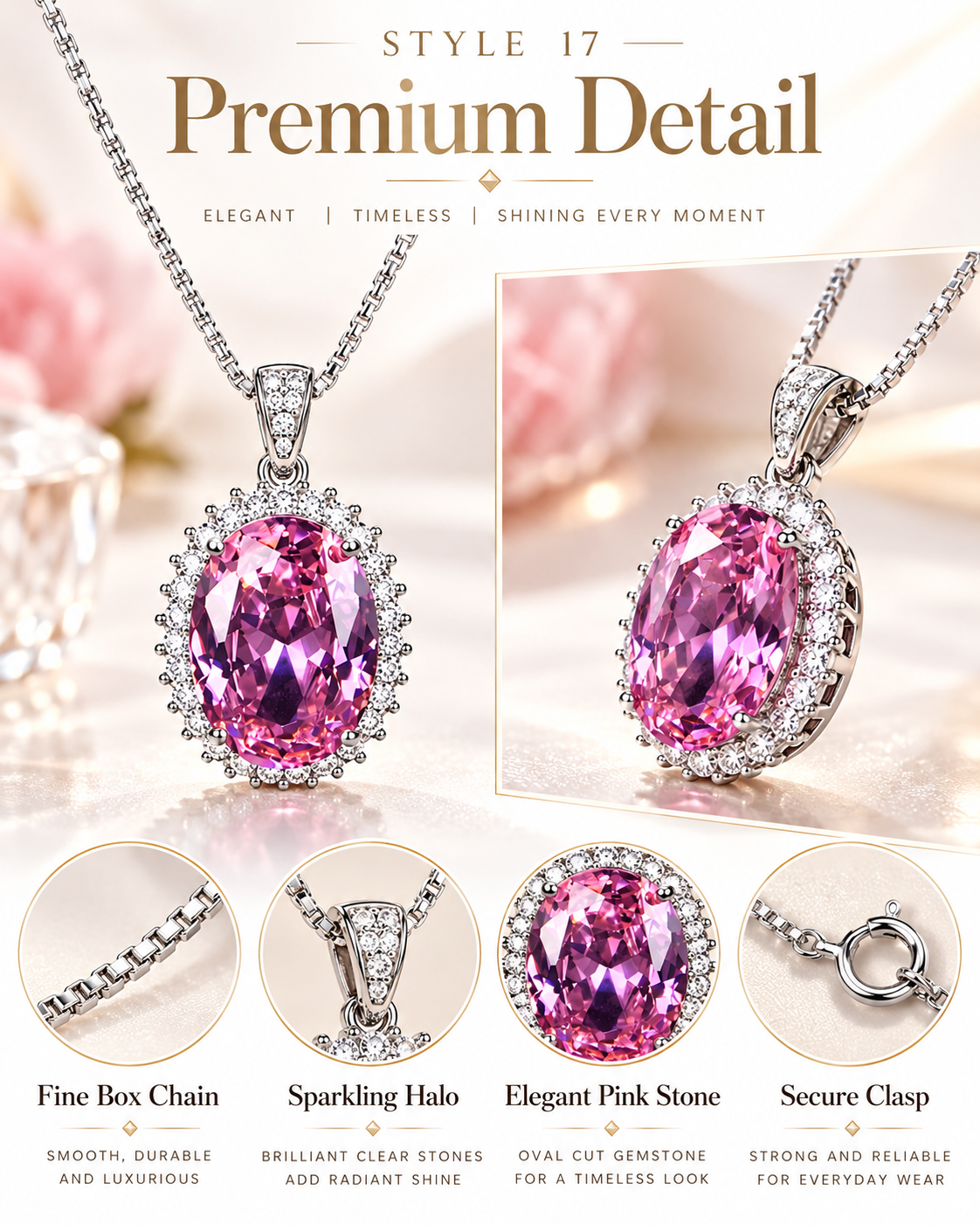 💗 Elegant Pink Oval Halo Pendant Necklace – Style 17