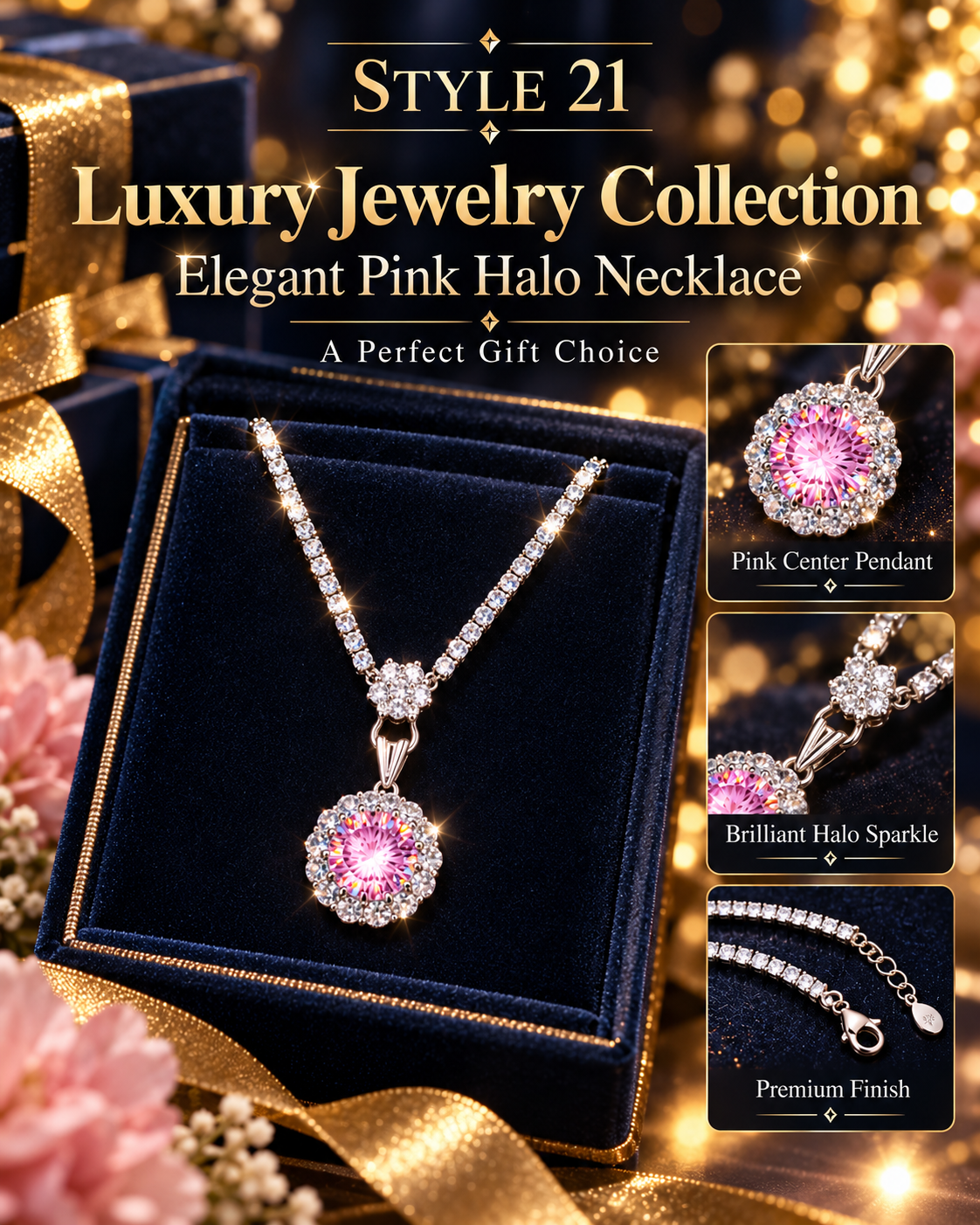 💗 Elegant Pink Floral Halo Pendant Necklace – Style 21