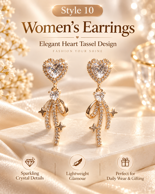 Style 10 – Elegant Gold Tone Heart Tassel Drop Earrings