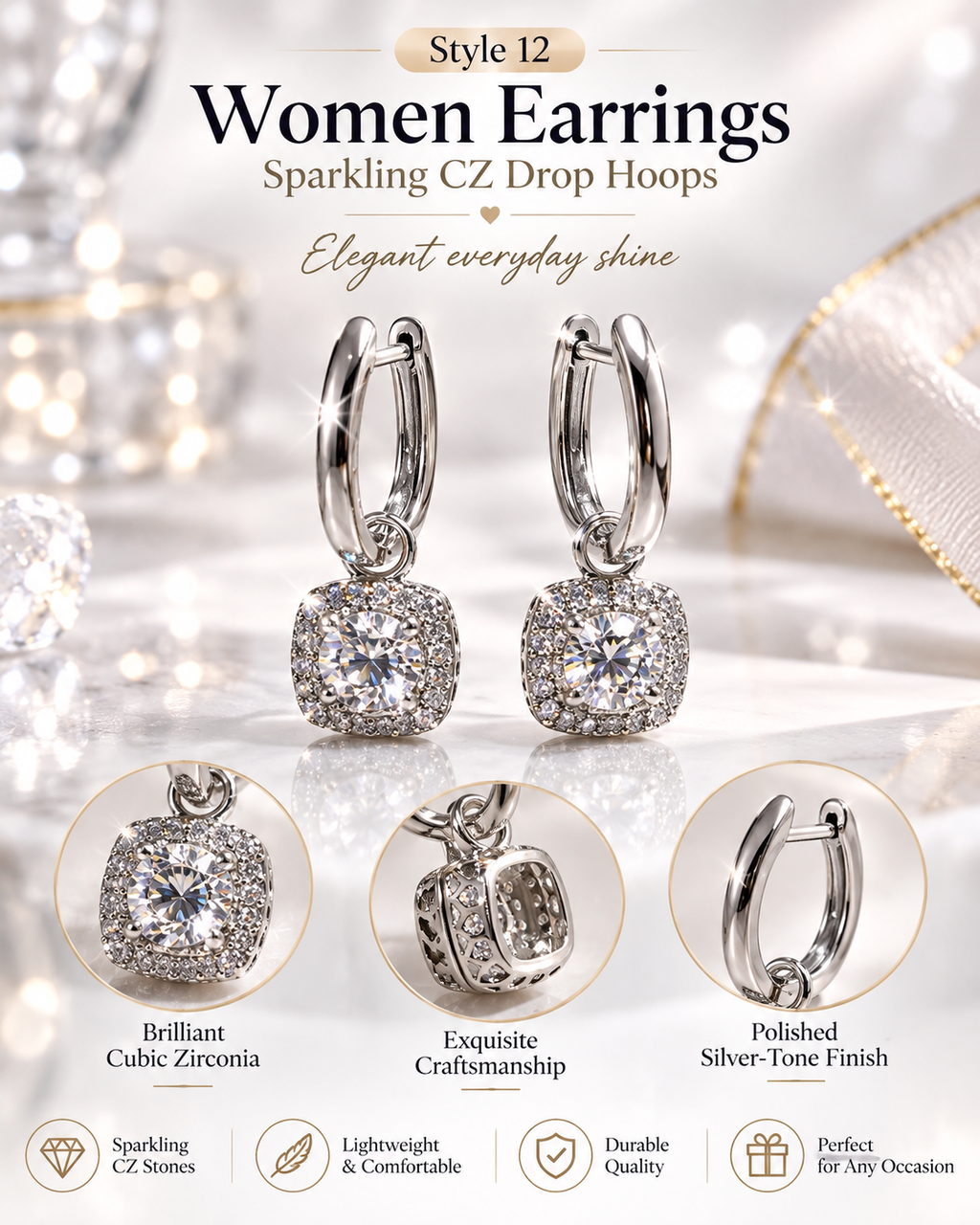 Style 12 – Elegant Silver Tone Sparkling Drop Hoop Earrings