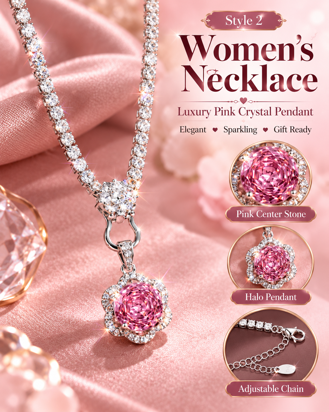 Women's Pink Crystal Pendant Necklace – Style 2