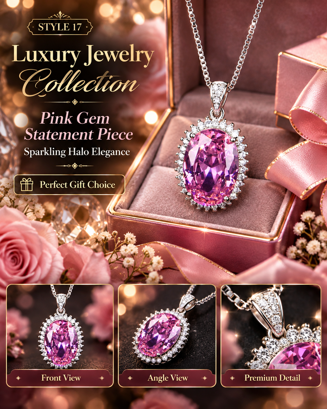 💗 Elegant Pink Oval Halo Pendant Necklace – Style 17