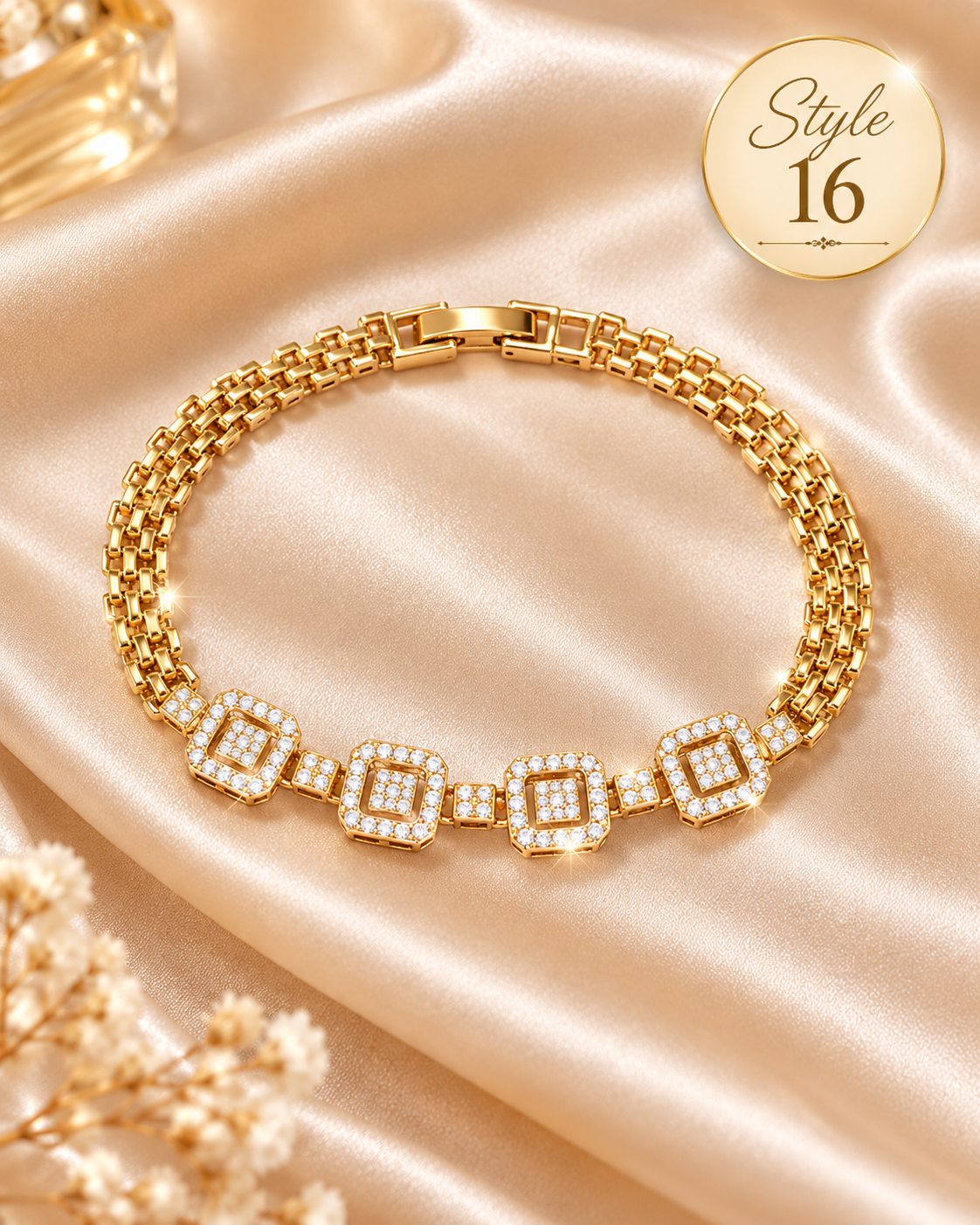 ✨ Style 16 – Women's Elegant Gold-Tone Geometric Crystal Bracelet 💎 Sparkling Square Rhinestone Link Bracelet 💖 Luxury Fashion Jewelry 🎁 Perfect Gift for Her