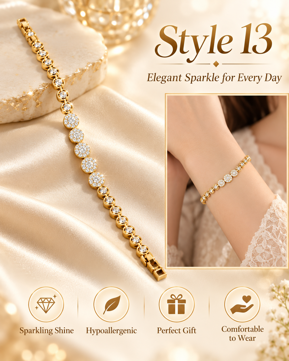 ✨ Style 13 – Women's Elegant Gold-Tone Crystal Bezel Tennis Bracelet 💎 Sparkling CZ Pavé Cluster Bracelet 💖 Luxury Fashion Jewelry 🎁 Perfect Gift for Her